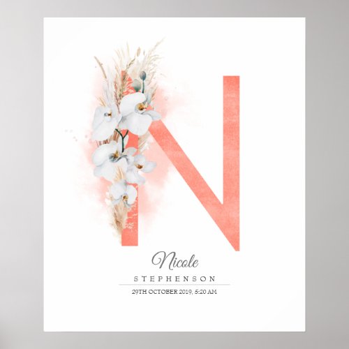 N Letter Monogram White Orchids and Pampas Grass Poster