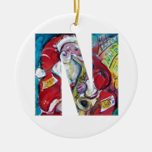 N LETTER /SANTA AND SAX, CHRISTMAS PARTY MONOGRAM CERAMIC ORNAMENT (Front)