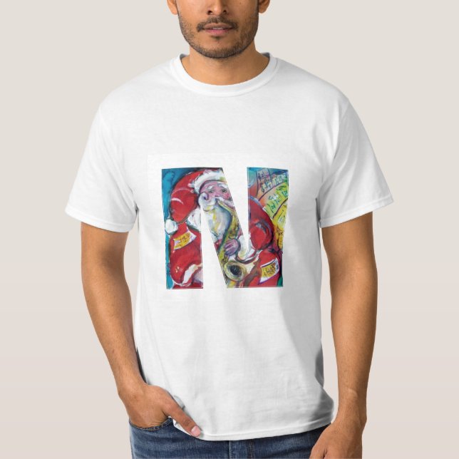 N LETTER /SANTA AND SAX, CHRISTMAS PARTY MONOGRAM T-Shirt (Front)