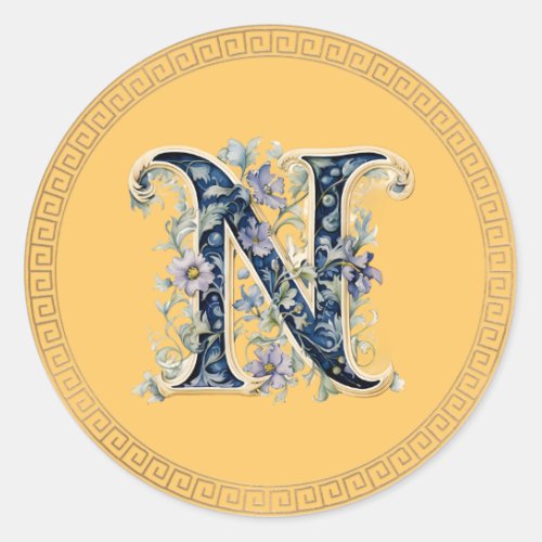 N monogram blue_gold flower classic round sticker