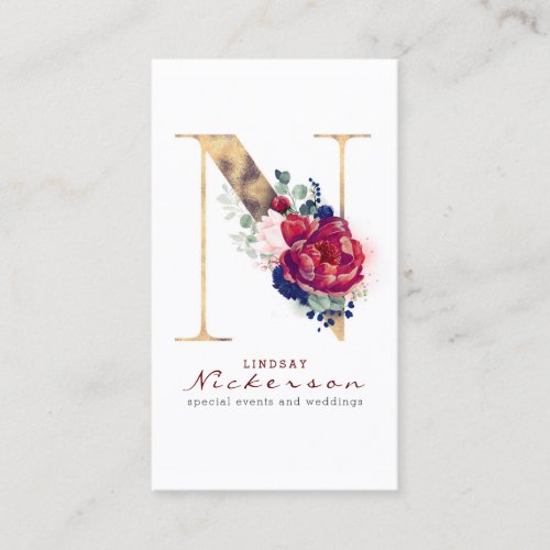 N Monogram Burgundy Gold and Navy Blue Floral Business Card
