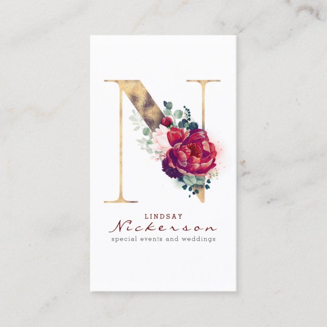 N Monogram Burgundy Red Flowers and Gold Glitter Business Card (Front)