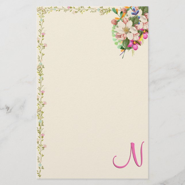 N Monogram Floral Bouquet Stationery (Front)
