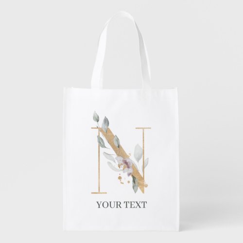 N Monogram Floral Personalized Grocery Bag
