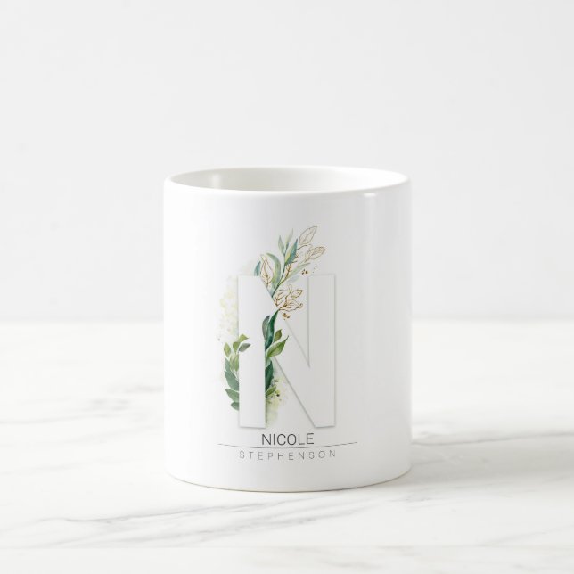 N Monogram Gold Greenery Leaves Elegant Name Coffee Mug (Center)