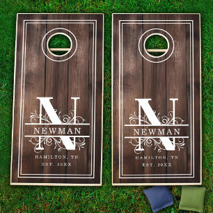 N Monogram Initial Family Name Dark Wood Cornhole Set