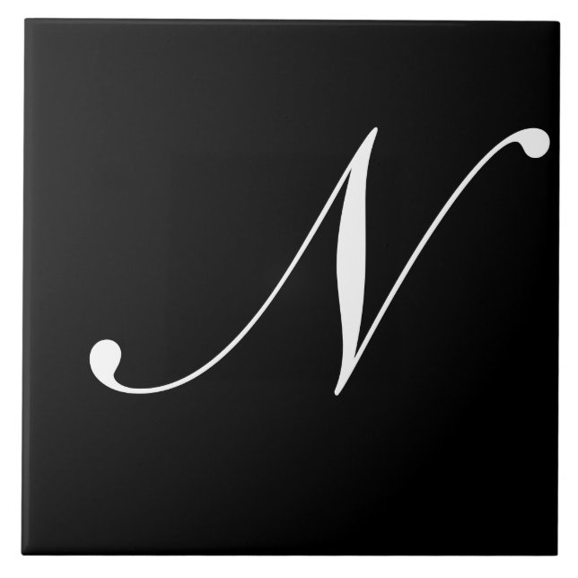 N Monogram Initial White on Black Ceramic Tile (Front)