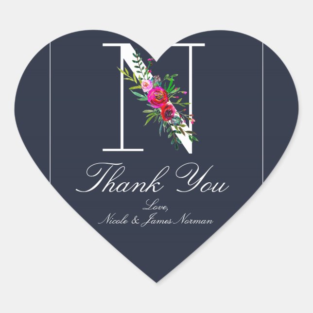 N Monogram Last Initial Modern Blue Floral Wedding Heart Sticker (Front)