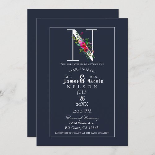 N Monogram Last Initial Modern Blue Floral Wedding Invitation