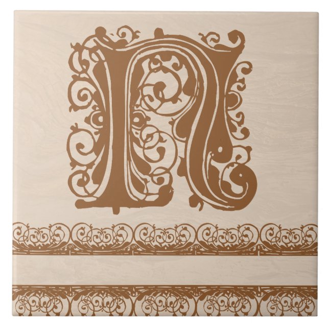 N Monogram Light Brown Wood Texture Ceramic Tile (Front)