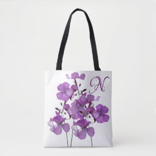 N monogram pretty purple flower floral beach  tote bag