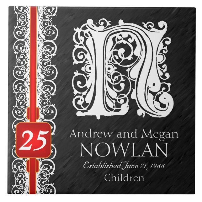 N Monogram "White Lace on Black" Anniversary Tile (Front)