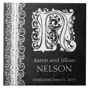 N Monogram "White Lace on Black" Wedding Tile