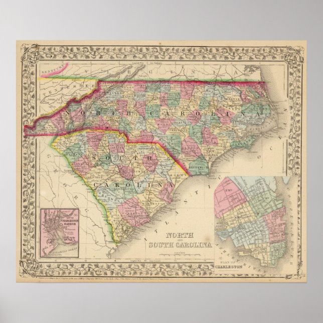 N & S Carolina Map by Mitchell Poster (Front)