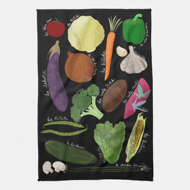 Nā lauʻai black kitchen towel (Vertical)