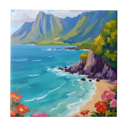 Na Pali Coast Kauai Hawaii Coastline Painting Art Ceramic Tile
