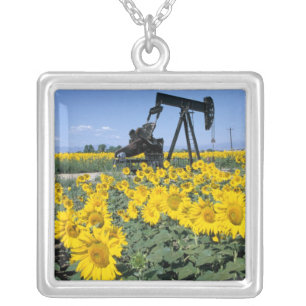 Na, USA, Colorado, Sunflowers, Oil Derrick Silver Plated Necklace