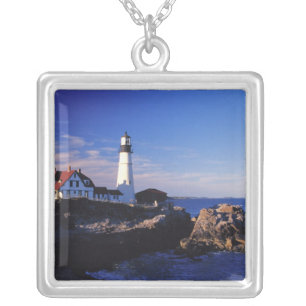 NA, USA, Maine. Portland Head lighthouse. Silver Plated Necklace