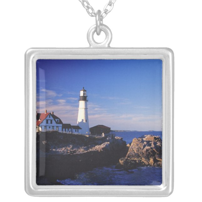 NA, USA, Maine. Portland Head lighthouse. Silver Plated Necklace (Front)