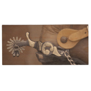 NA, USA, Texas, Lubbock Cowboy boot and spur Wood Flash Drive