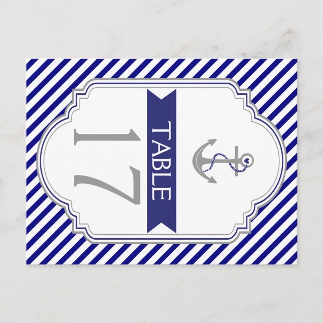 Naby blue anchor nautical wedding table number (Front)