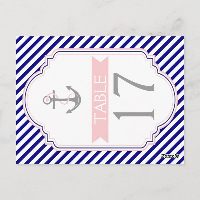 Naby blue, pink nautical wedding table number (Back)