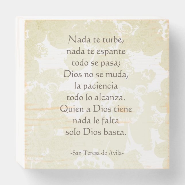 "Nada te turbe" San Teresa di Avila White on White Wooden Box Sign (Front Horizontal)