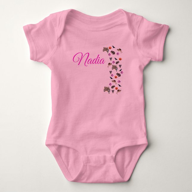 Nadia, Name Logo With Australian Wildlife,  Baby Bodysuit (Front)