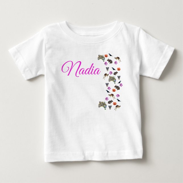 Nadia, Name Logo With Australian Wildlife,  Baby T-Shirt (Front)