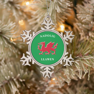 Nadolig Llawen Welsh Simple Celtic Merry Christmas Snowflake Pewter Christmas Ornament