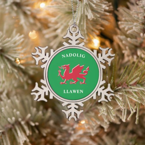 Nadolig Llawen Welsh Simple Celtic Merry Christmas Snowflake Pewter Christmas Ornament