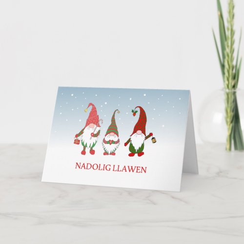 Nadolig Llawen Welsh Three Fun Gnomes in Snow Holiday Card