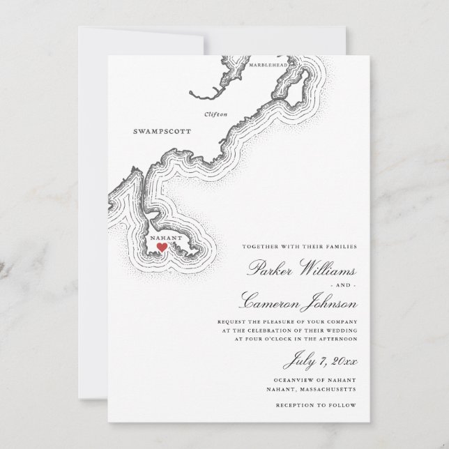Nahant MA Map Elegant Black and White Wedding Invitation (Front)
