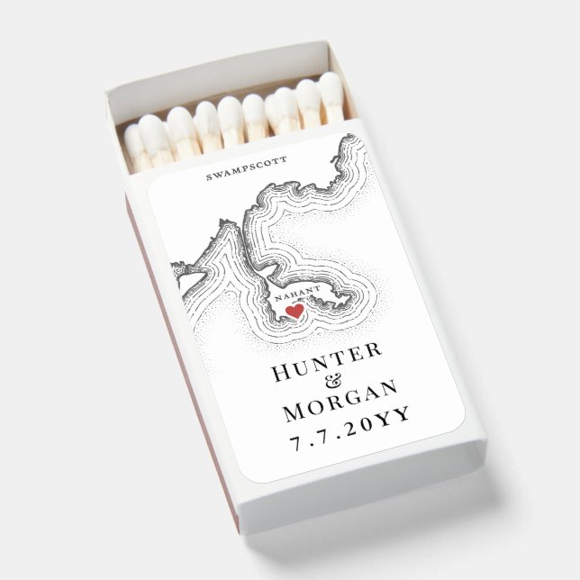 Nahant MA Map Elegant Black White Wedding Favor Matchboxes (Front Open)