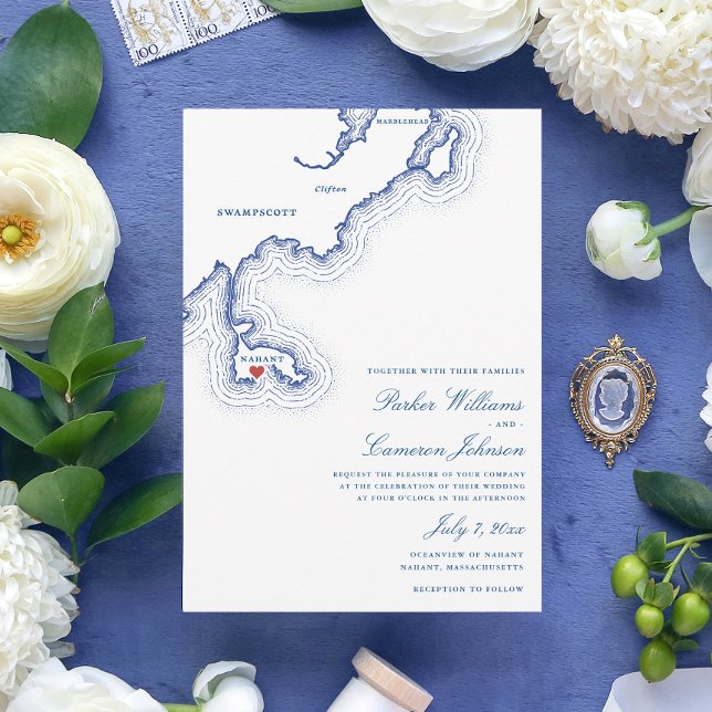 Nahant MA Map Elegant Navy Blue Wedding Invitation (Nahant MA Map Wedding Invitation for an elegant Navy Blue New England destination wedding)