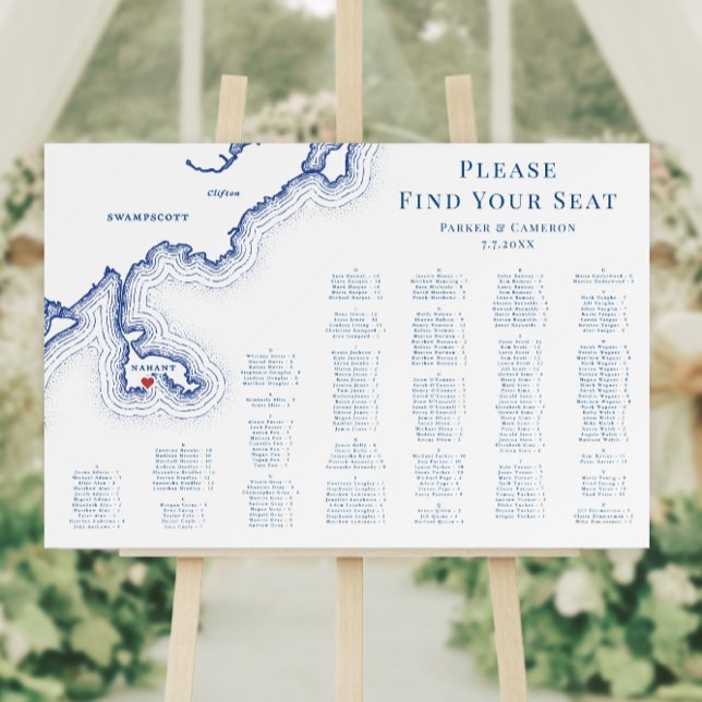 Nahant MA Wedding Alphabetized 200 p Seating Chart Foam Board (Oceanview Nahant MA Map Wedding 12 table seating chart for an elegant Navy Blue Wedding)