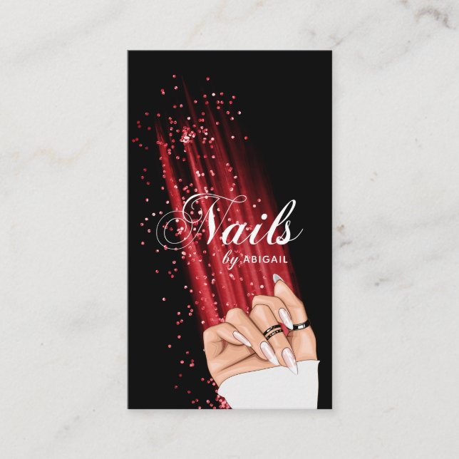 Nail Art Red Glitter Elegant Script QR Code Business Card (Front)