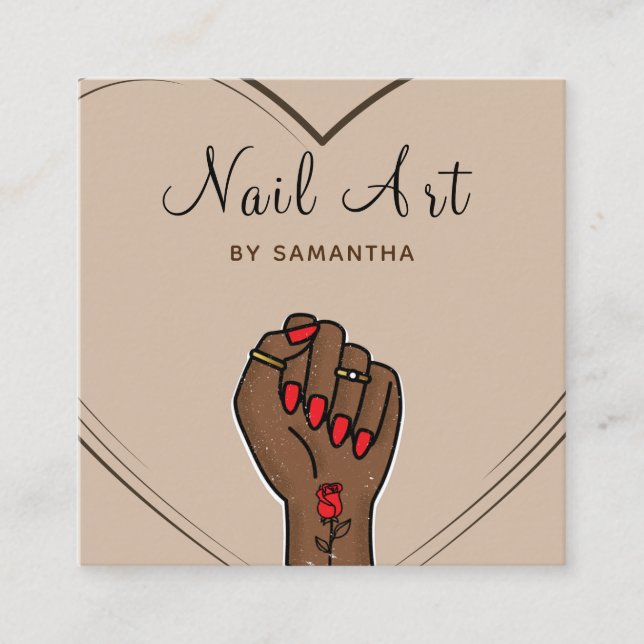 Nail Art Salon Boho Elegant Drawn Hand & Heart Square Business Card (Front)