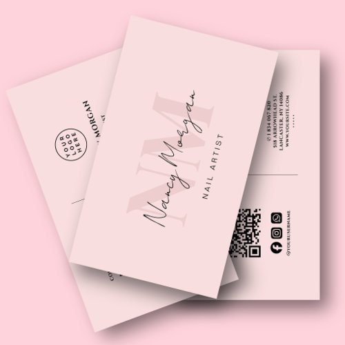 Nail Artist Blush Pink Monogram Qr Code Logo Business Card