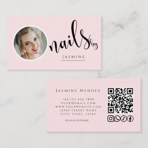 Nail Artist Blush Pink Photo QR Code Social Icons  Business Card