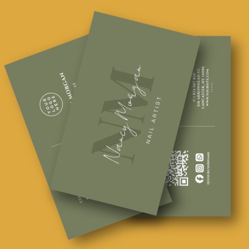 Nail Artist Dark Sage Green Monogram QR Code Logo  Business Card