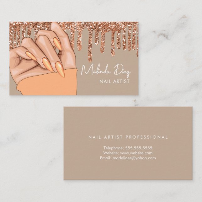 Nail Artist Designer Salon Faux Glitter Peach Business Card (Front/Back)