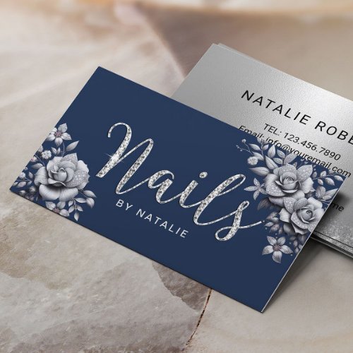 Nail Artist Diamond Typography Silver Floral Navy Business Card
