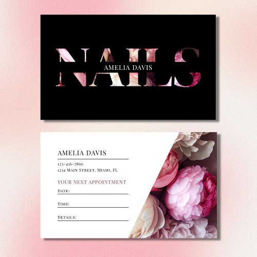 Nail Artist Elegant Floral Black Pink Manicurist Appointment Card
