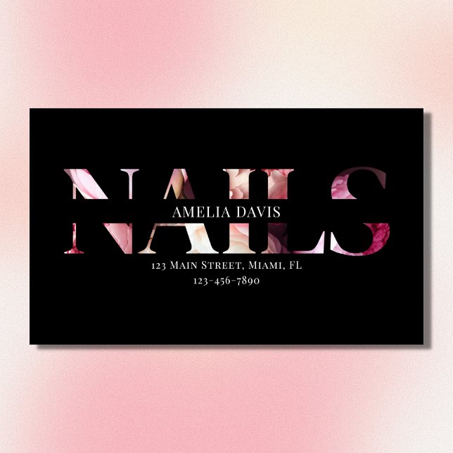 Nail Artist Elegant Floral Black Pink Manicurist  Business Card Magnet (Creator Uploaded)