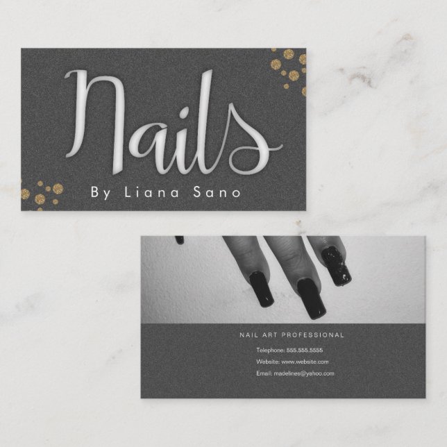 Nail Artist Glow Script and Photo Salon Gray Gold Business Card (Front/Back)