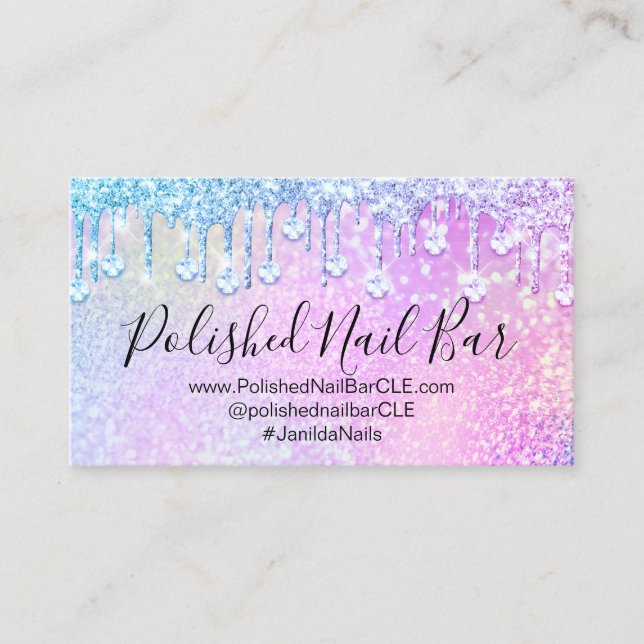 Nail Artist Holograph Diamond Silver Drips Pink Business Card (Front)