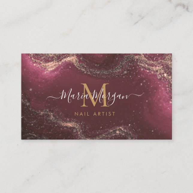 Nail Artist Luxury Burgundy Agate Gold Monogram  Business Card (Front)