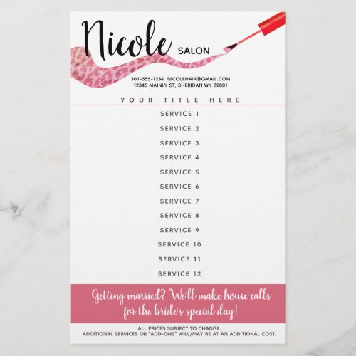 Nail artist manicure pedicure salon price list flyer