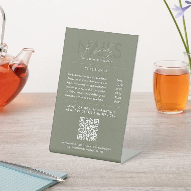 Nail Artist Manicurist Modern Sage Menu Price List Pedestal Sign (In SItu)